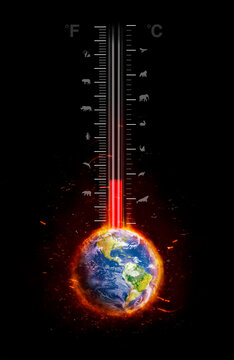 Temperature rising on global warming thermometer