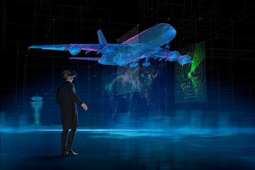 Businessman with VR headset watching holographic airplane takeoff
