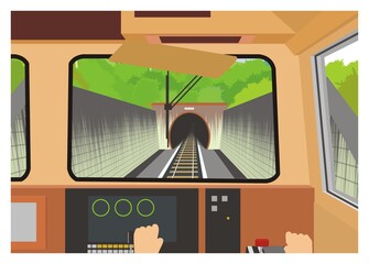 Train entering tunnel. Train engineer view. Simple illustration in perspective view.