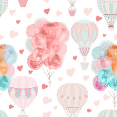 Cute vector pattern with air balloons and hearts