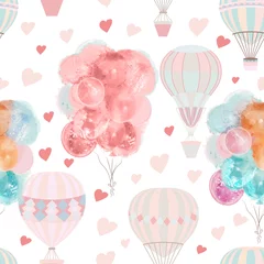Papier Peint photo Montgolfière Cute vector pattern with air balloons and hearts