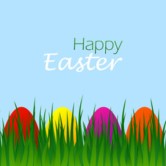 Easter eggs on green grass, greeting card, vector illustration.