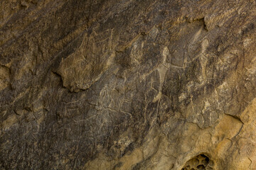 Ancient rock carvings in Gobustan petroglyph reserve, Azerbaijan