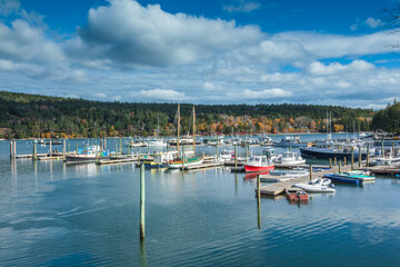 USA, Maine, Mt. Desert Island. Northeast Harbor, fishing boats during autumn.