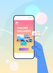 human hand using mobile app for ordering goods by cargo truck fast delivery service online shopping logistics concept vertical vector illustration