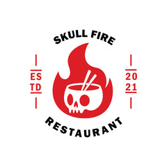 A creative restaurant logo using negative space style. Smart combination logo featuring a skull and bowl on the hot fire. Modern and smart logo