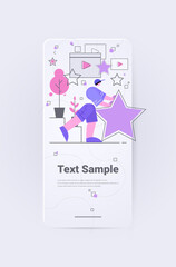 businesspman holding review star rating customer feedback satisfaction level online survey concept full length vertical copy space vector illustration