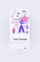 businesspman holding review stars rating customer feedback satisfaction level online survey concept full length vertical copy space vector illustration