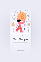 businesswoman donating money for new project business woman holding coins crowdfunding investment concept vertical full length copy space vector illustration
