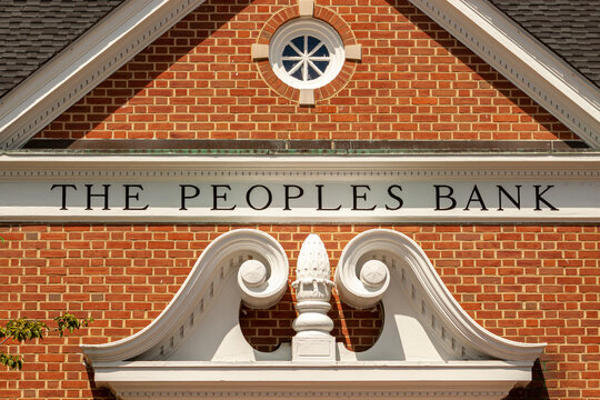 Chestertown, MD, USA 08/30/2020: Close up image of the main office of The Peoples Bank. Founded in 1910 in Chestertown, it is an independent community bank that has served eastern shore of Maryland.