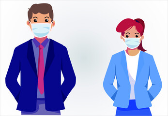 People in protective medical face masks. Men and women wearing protection from virus, urban air pollution, smog, vapor, pollutant gas emission. Vector illustration.