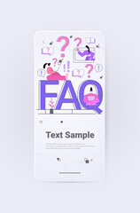 businesspeople ask questions and receive answers near FAQ word online support center frequently asked questions concept vertical full length copy space vector illustration