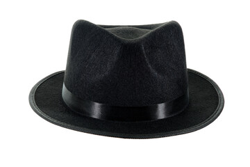 Gangster black fedora hat isolated on a white background.