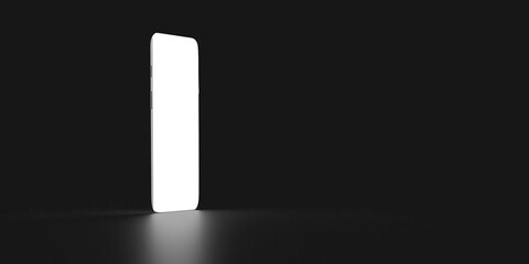 smartphone mobile model white isolated mock up design empty blank digital technology electronic online internet network wireless communication touchscreen web application black wallpaper.3d render