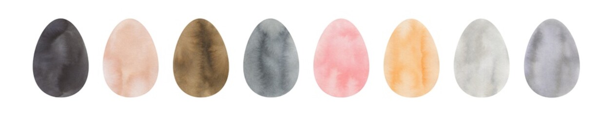 Hand drawn illustration collection of watercolor Easter eggs of calm natural shades. Cut out clipart elements for design, card, banner, template, modern poster, print, package, scrapbooking paper.