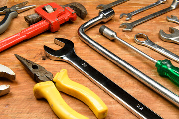 renovation of assorted tools in grunge wood