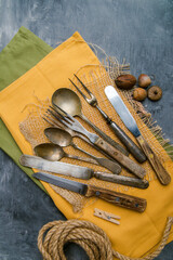 vintage cutlery on a napkin. view from above