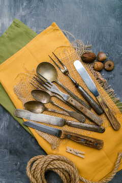 Vintage Cutlery On A Napkin. View From Above