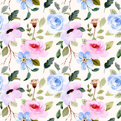 beautiful blue pink floral watercolor seamless pattern