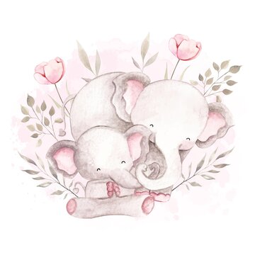 Watercolor elephant with her baby