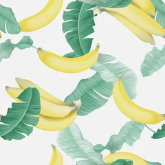 Fotobehang Fruit seamless pattern, Cavendish bananas with leaves on bright grey © momosama