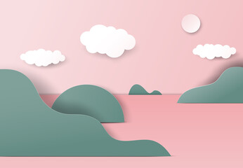 Fototapeta na wymiar Landscape paper art, island in the sea with sky in pink and green tones