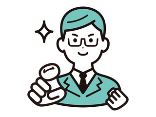 正面に向かって指差す、メガネをかけたビジネスマン