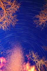 Campfire star trail with trees and sparks - 419281907