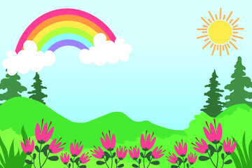Fototapeta na wymiar Vector illustration background with plants, flowers and best view. Colorful background with spring theme.