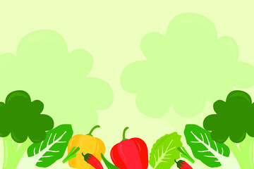 Vector illustration in simple flat style background with various vegetables. Backdrop for greeting cards, posters, banners and placards.
