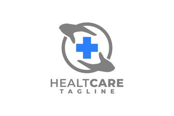 illustration of two hands and a cross medical symbol in the center. health carrying logo vector isolated.