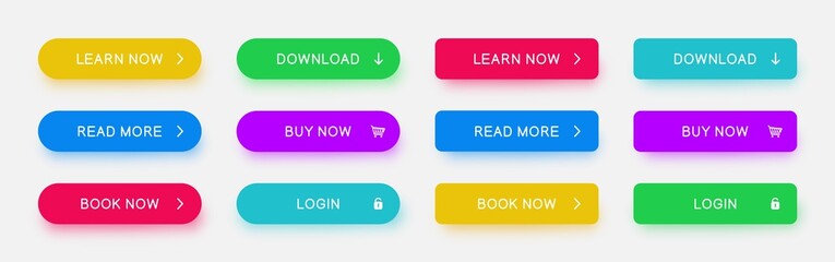 Set of vector different colors web buttons. Flat minimalist buttons with color shadows for website, apps, ui, games.