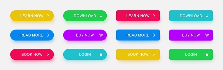Set of vector different colors web buttons. Flat minimalist buttons with color shadows for website, apps, ui, games.