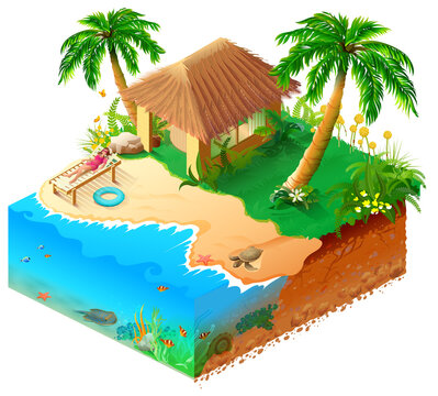 Beach vacation on tropical island isometric 3d illustration. Woman in bikini, palms, sea and hut