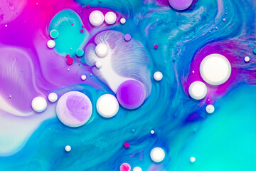 Fluid art texture. Backdrop with abstract mixing paint effect. Liquid acrylic artwork that flowing bubbles. Mixed paints for interior poster. Purple, aquamarine and white overflowing colors