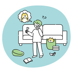 隠れている犬を探している男性