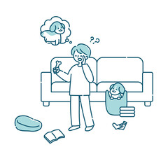 隠れている犬を探している男性