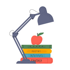 Books and reading set. Table lamp with books on an isolated white background. World Book Day. Flat cartoon colorful vector illustration. Heap of colorful books. Textbooks for academic studies.
