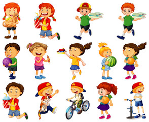Children doing different activities cartoon character set on white background