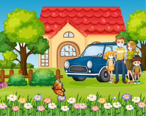 Happy family standing outside home with a car