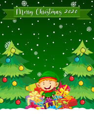 Merry Christmas 2020 font logo with cute elf cartoon character