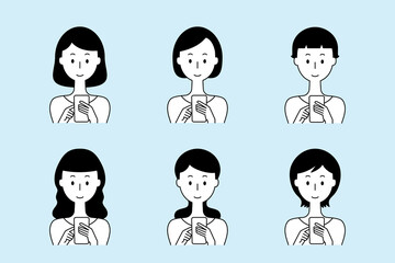 笑顔でスマートフォンを操作する女性のベクターイラストセット