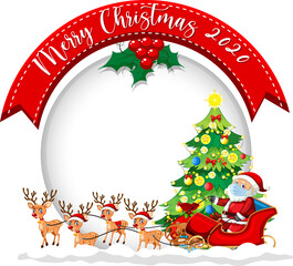 Blank circle banner with Merry Christmas 2020 font logo and Santa Claus on sleigh