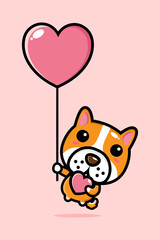 cartoon character design of a cute dog animal flying with a balloon in the shape of love