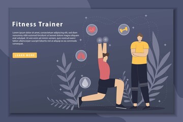 Vector illustration Fitness trainer concept with landing page. Gymnastics exercising with an instructor, active sports woman, athletic training. Flat design modern