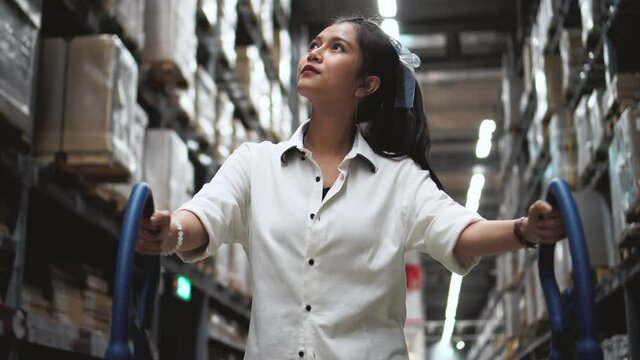 Asian woman with shopping cart walking for choosing new furniture in big store warehouse.