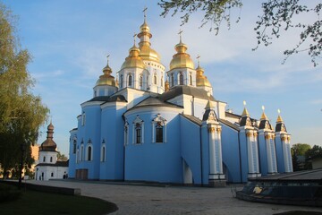 Fototapeta na wymiar Michael's Golden-Domed Monastery is an active monastery in Kiev, recreated in 1997-1998 in the form of a cathedral church in honor of the Archangel Michael destroyed in the 1930s. Kiev city.