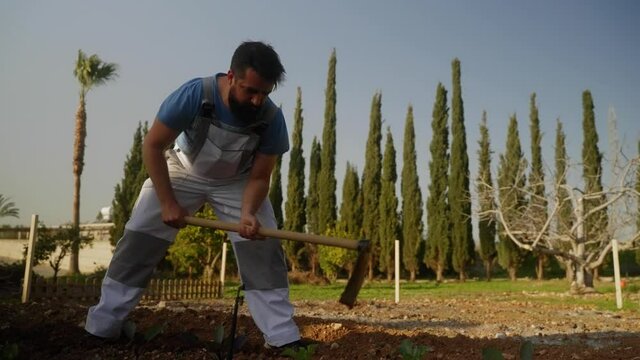 Wide view of a man tilling the soil in his garden.