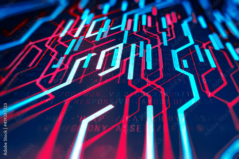 Fototapete abstract technological background in vibrant colors with a digital code.