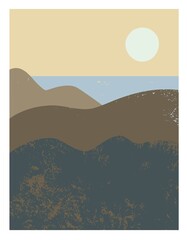Abstract minimalistic vector sunset landscape with mountains and sea cost.